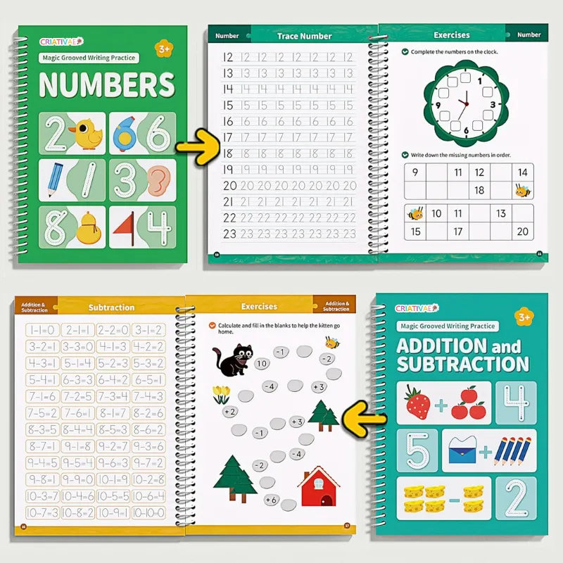 Kit de 6 Cuadernos Mágicos Reutilizables de Caligrafía y Escritura para Niños con Alfabeto Números Vocabulario Matemáticas y Dibujo - Criativae