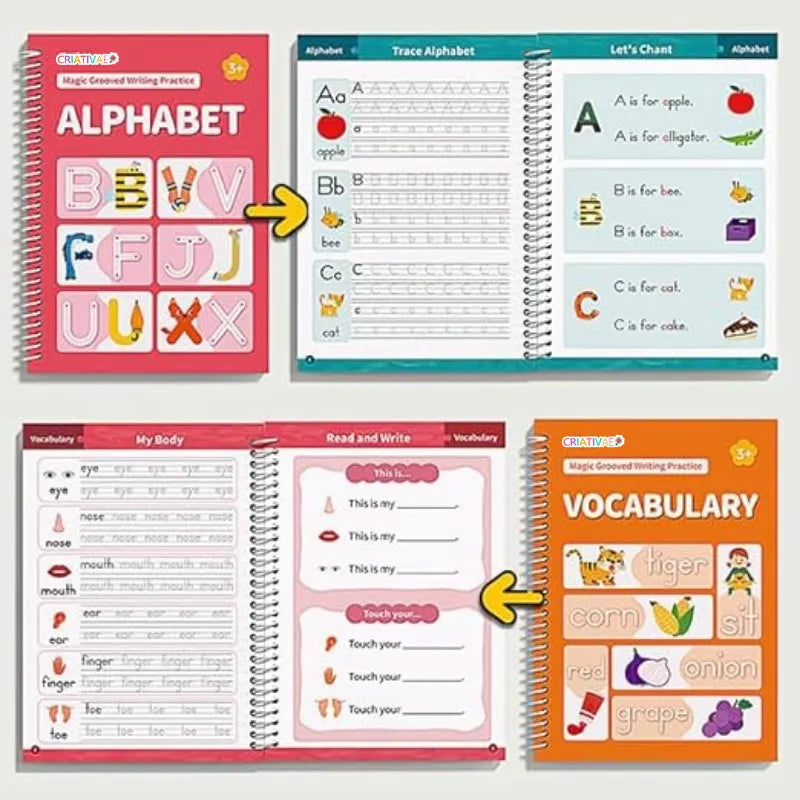 Kit de 6 Cuadernos Mágicos Reutilizables de Caligrafía y Escritura para Niños con Alfabeto Números Vocabulario Matemáticas y Dibujo - Criativae