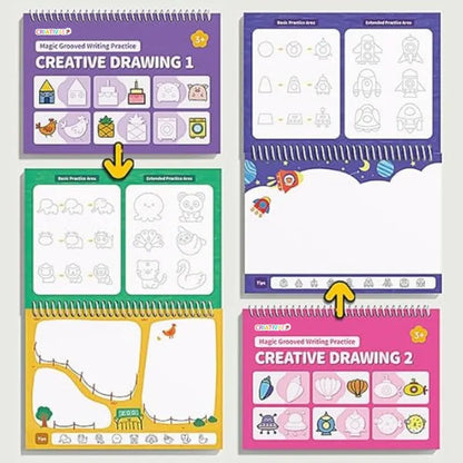 Kit de 6 Cuadernos Mágicos Reutilizables de Caligrafía y Escritura para Niños con Alfabeto Números Vocabulario Matemáticas y Dibujo - Criativae